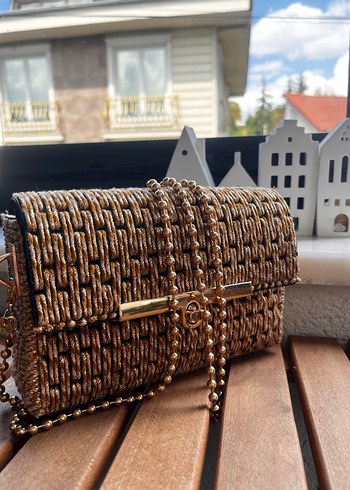 Zincir Detaylı Gold Örgü Kanvas Kadın Çanta - Görsel 2