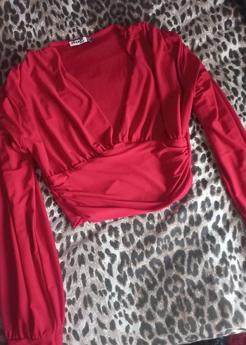 Drapeli Kırmızı Mini V Yaka Kadın Bluz - Görsel 2