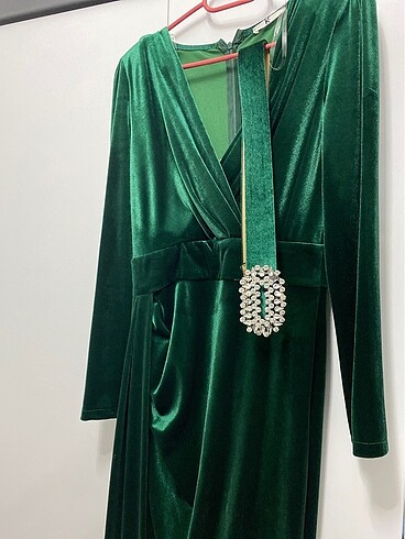 40 Beden yeşil Renk Keikei Yeşil Kadife Uzun Kol Uzun Elbise