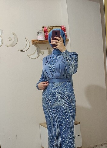 Tesettür abiye balık model taşlı açık mavi 