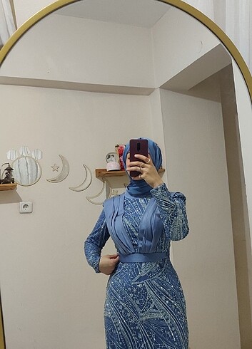Henna Gelinlik Tesettür abiye balık model taşlı açık mavi 