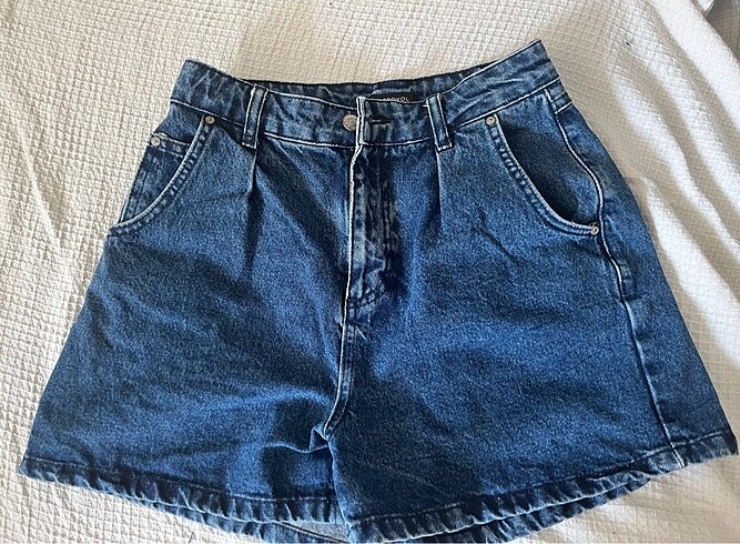 Pileli denim şort