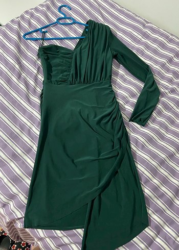 Tek Omuzlu Yeşil Drapeli Abiye Elbise - Görsel 2