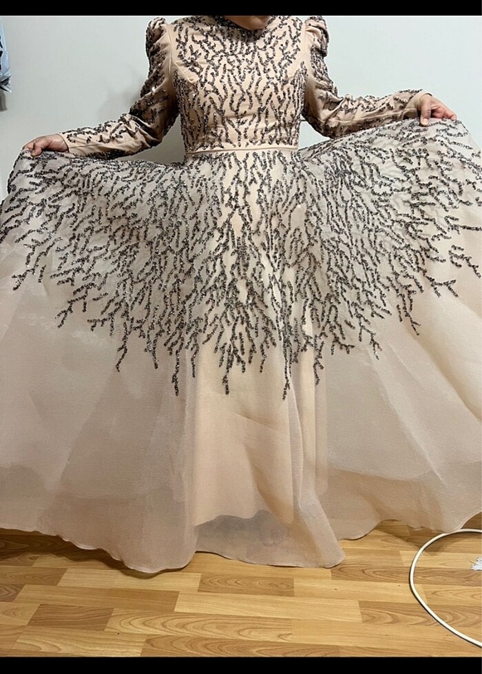 Tesettür abiye nişanlık gece elbisesi pullu taşlı - Görsel 5