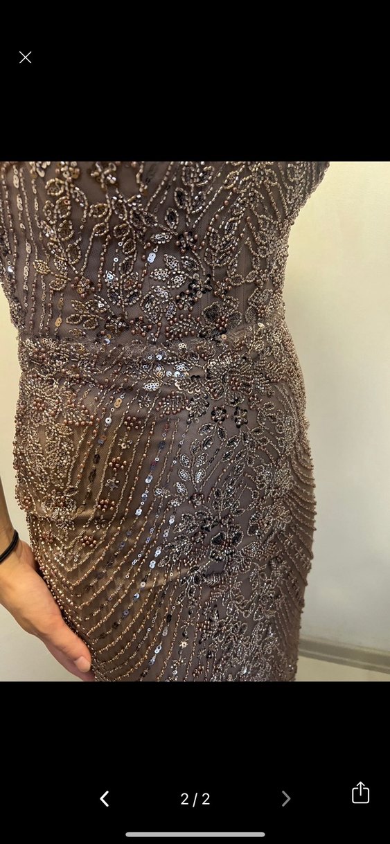 Bej Parlak Uzun Abiye Elbise taşlı ithal - Görsel 2