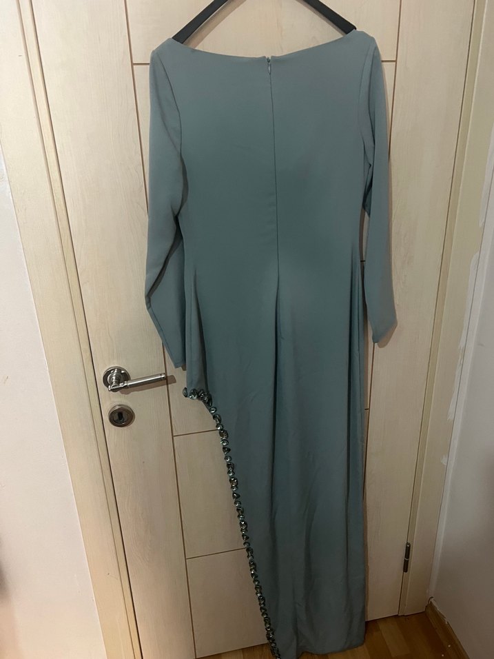 Uzun Kollu mint yeşili yeşil İşlemeli Kadın Abiye Elbise gece - Görsel 5