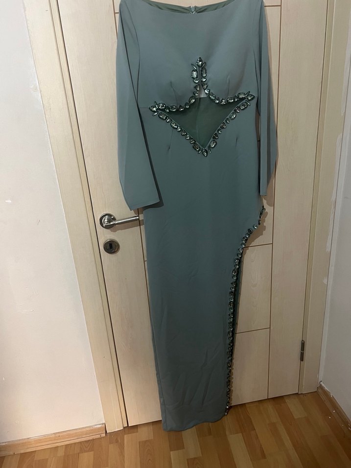 Uzun Kollu mint yeşili yeşil İşlemeli Kadın Abiye Elbise gece - Görsel 3