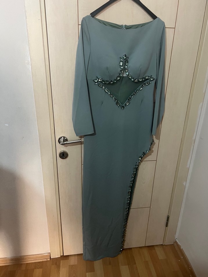 Uzun Kollu mint yeşili yeşil İşlemeli Kadın Abiye Elbise gece - Görsel 2