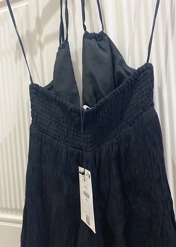 Siyah Mini Halter Yaka Keten Tulum - Görsel 4