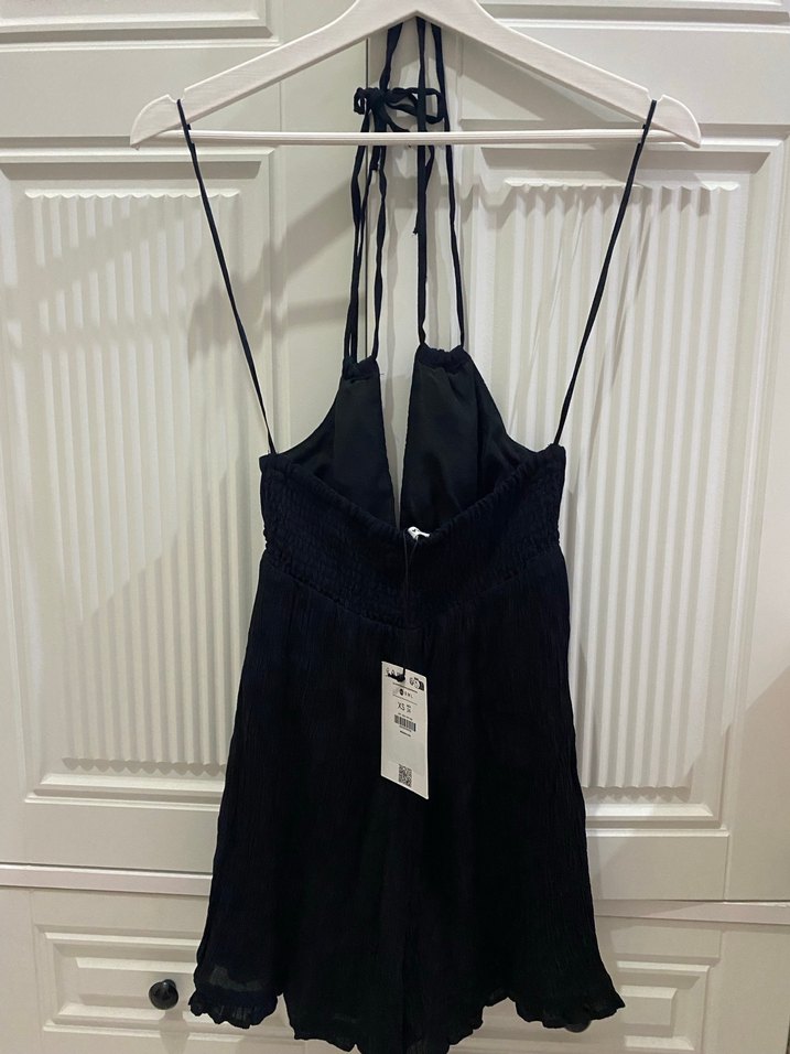 Siyah Mini Halter Yaka Keten Tulum - Görsel 3