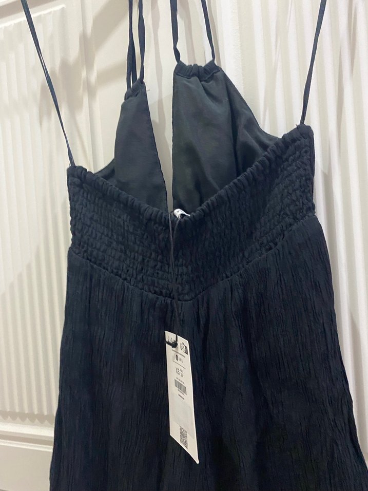 Siyah Mini Halter Yaka Keten Tulum - Görsel 4