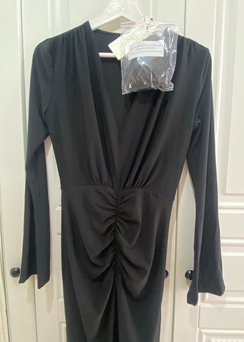 Uzun, V Yakalı, Drapeli Siyah Kadın Elbise - Görsel 2