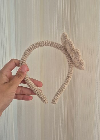Beden Nakışlı Bej Örgü Çiçekli Saç Bandı