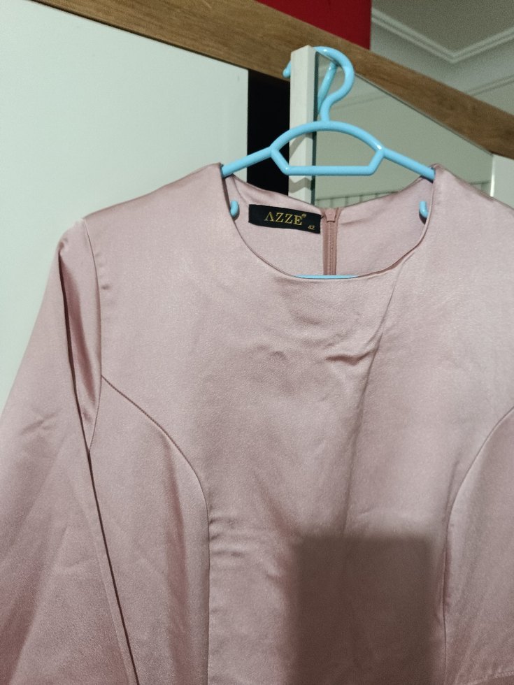 Pembe Uzun Kollu Drapeli Kadın Abiye Elbise - Görsel 4