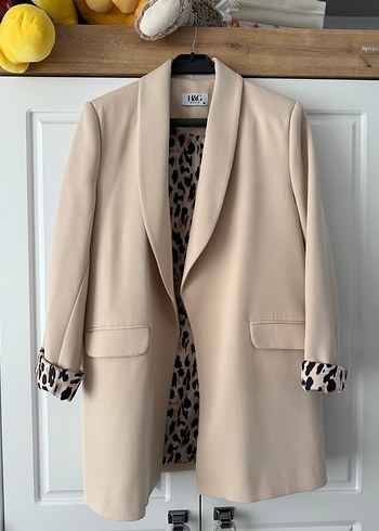 m Beden Leopar Desenli Bej Uzun Kadın Blazer