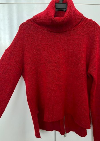 Kırmızı Yün Kadın Yüksek Yakalı Kazak - Görsel 2