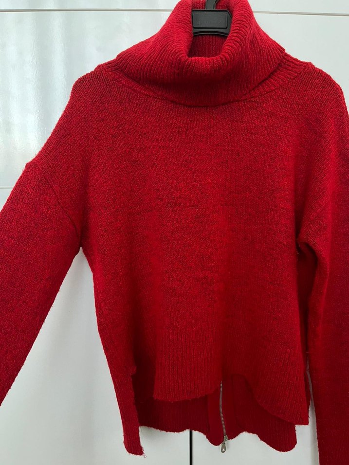 Kırmızı Yün Kadın Yüksek Yakalı Kazak - Görsel 2