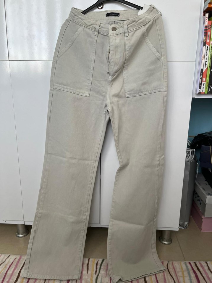 Bej Kadın Midi Boy Bol Kesim Kot Pantolon - Görsel 3