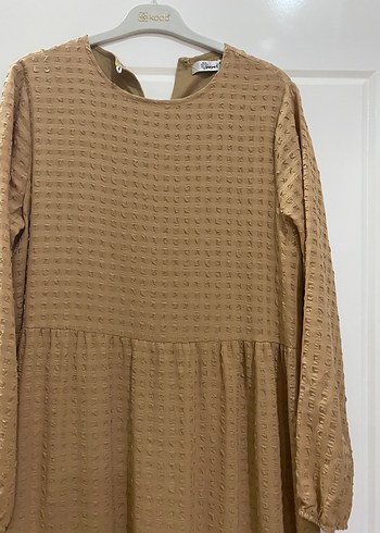 Bej Uzun Kollu Fırfırlı Kadın Elbise - Görsel 2