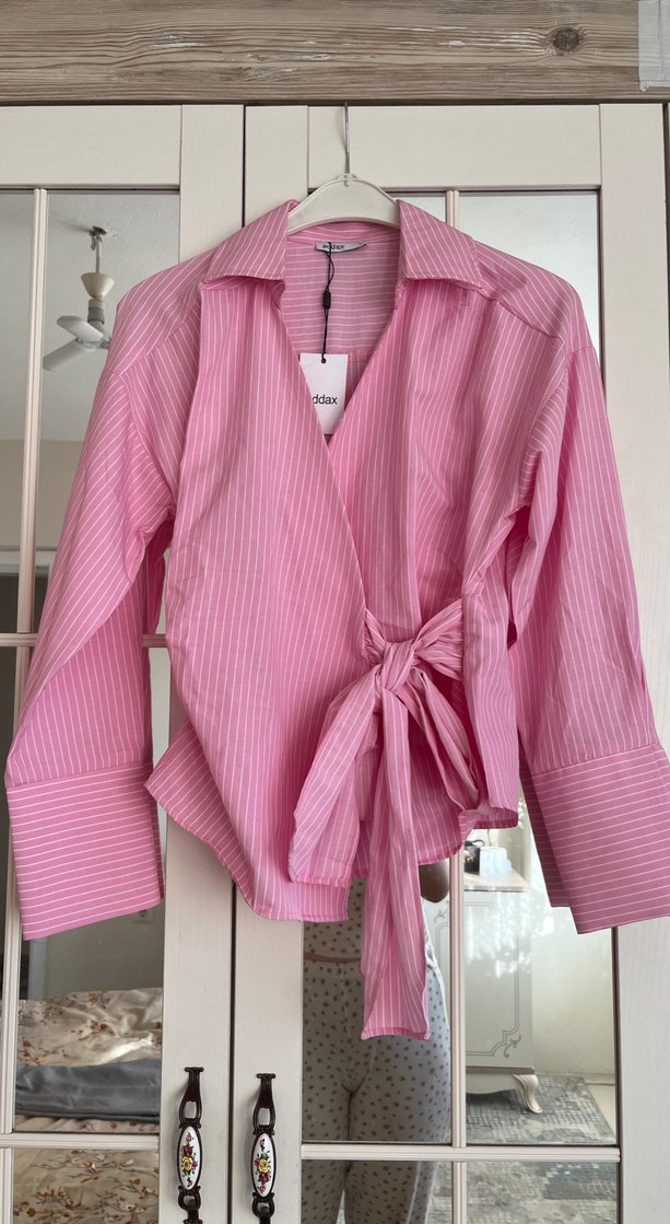 Pembe Çizgili Mini Kadın Gömlek - Görsel 2