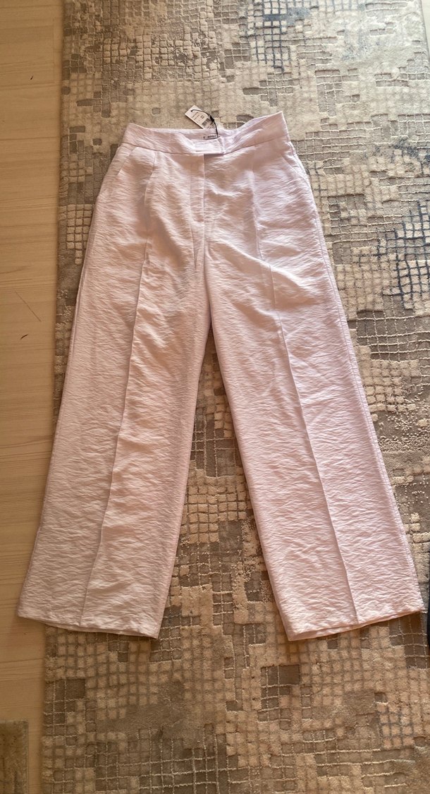 Beyaz Keten Midi Kadın Pantolon - Görsel 4