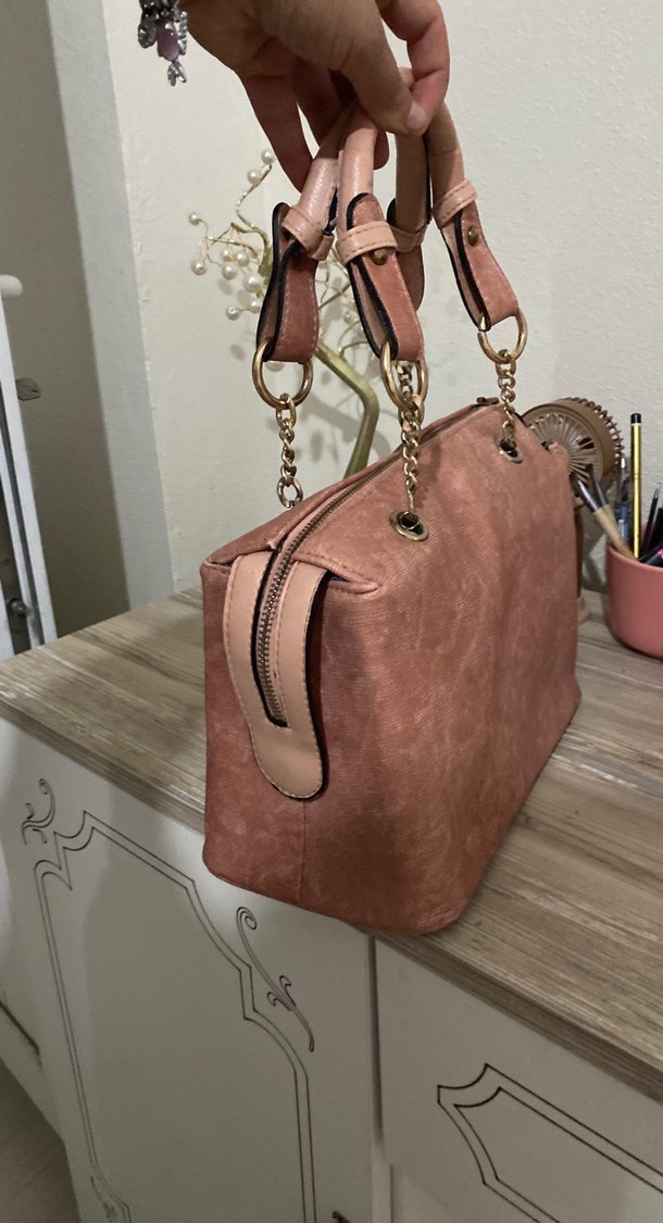 Pembe Süet Kadın Çanta Tokalı Modern Klasik - Görsel 3