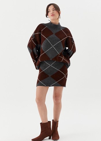 Kahverengi Gri Ekose Örgü Boğazlı Kazak - Görsel 4