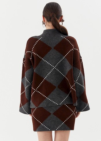 Kahverengi Gri Ekose Örgü Boğazlı Kazak - Görsel 3