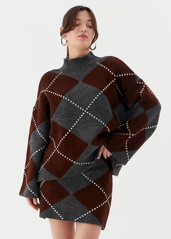 Kahverengi Gri Ekose Örgü Boğazlı Kazak - Görsel 5