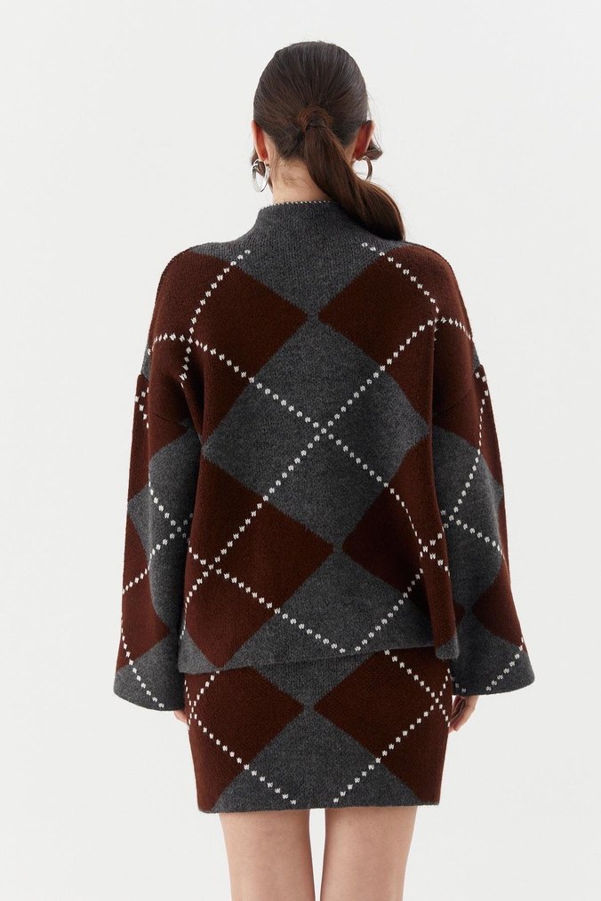 Kahverengi Gri Ekose Örgü Boğazlı Kazak - Görsel 3