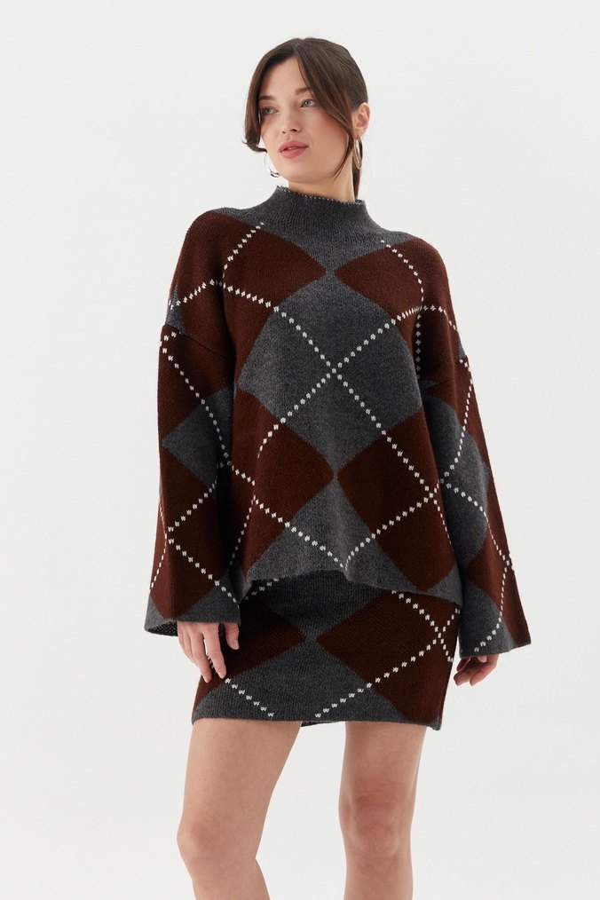 Kahverengi Gri Ekose Örgü Boğazlı Kazak - Görsel 2