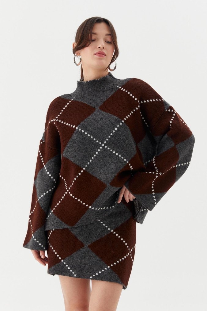 Kahverengi Gri Ekose Örgü Boğazlı Kazak - Görsel 5