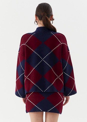 Bordo Lacivert Kareli Boğazlı Triko Tunik - Görsel 5