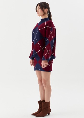 Bordo Lacivert Kareli Boğazlı Triko Tunik - Görsel 3