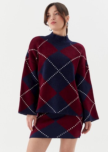 Bordo Lacivert Kareli Boğazlı Triko Tunik - Görsel 2