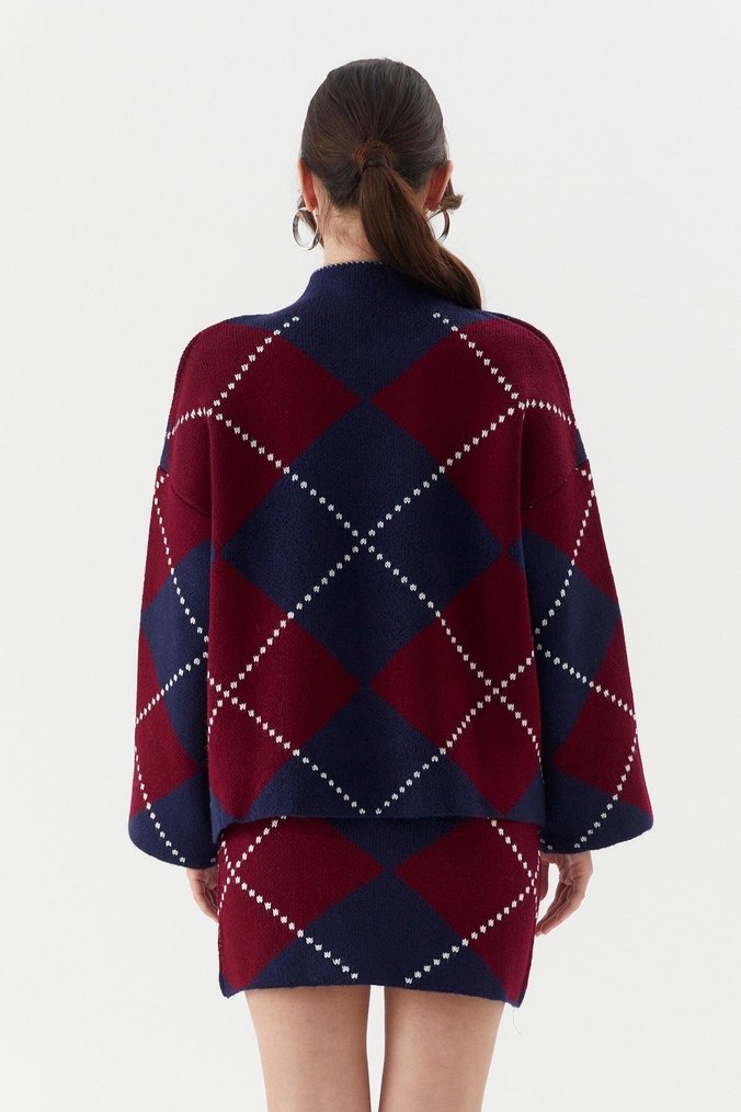 Bordo Lacivert Kareli Boğazlı Triko Tunik - Görsel 5