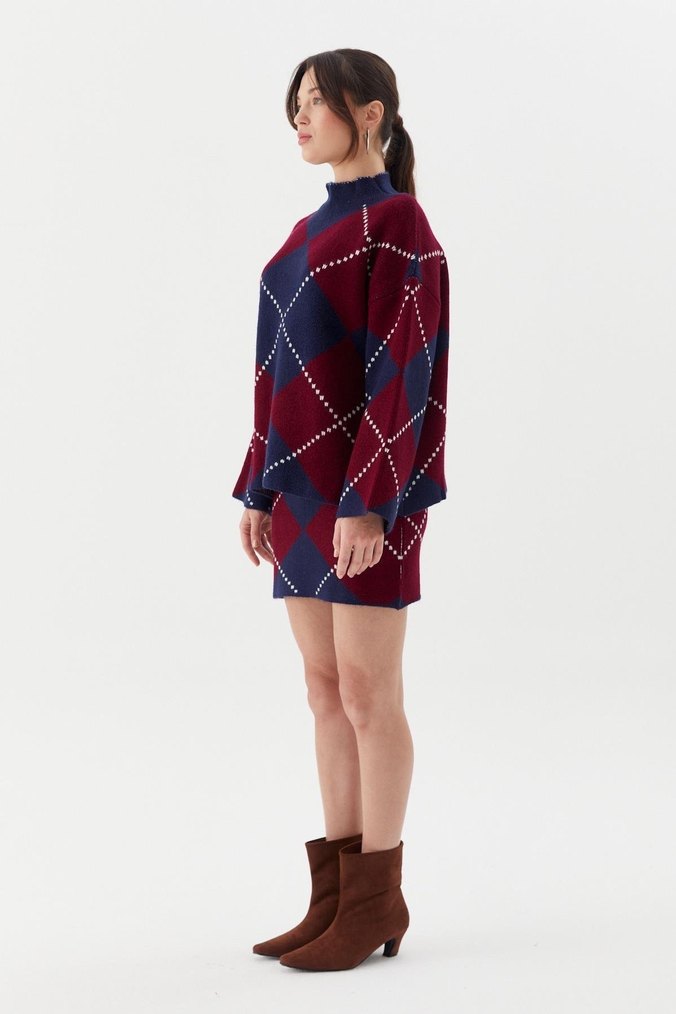 Bordo Lacivert Kareli Boğazlı Triko Tunik - Görsel 3