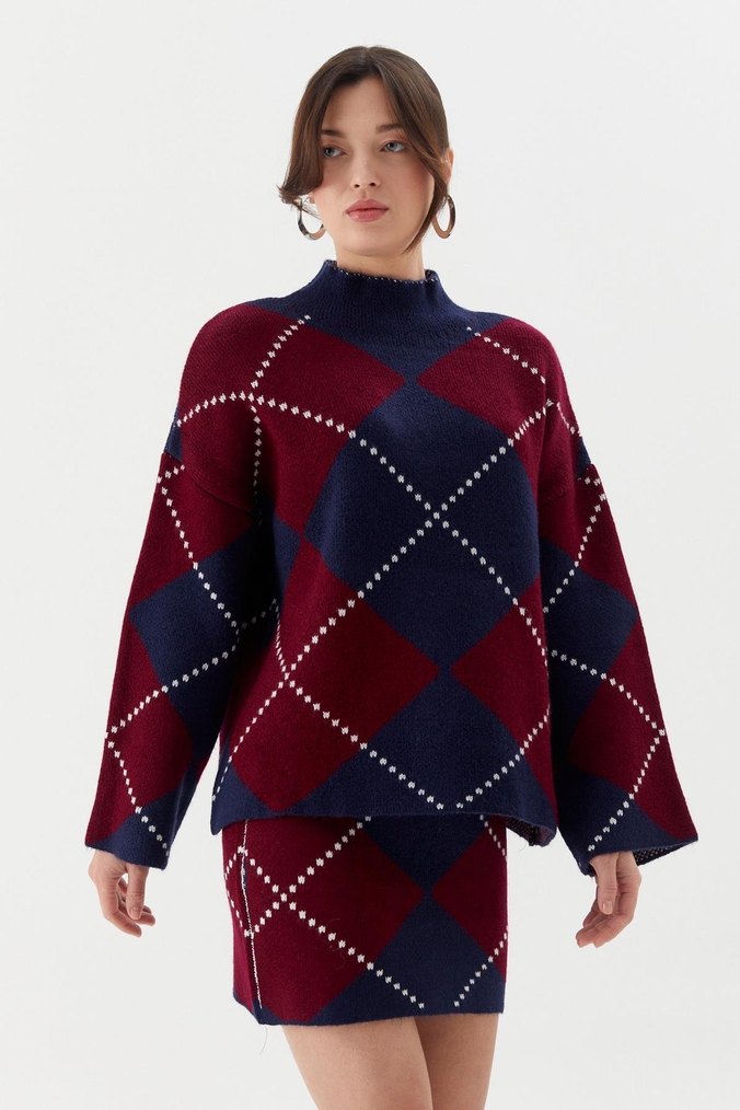 Bordo Lacivert Kareli Boğazlı Triko Tunik - Görsel 4