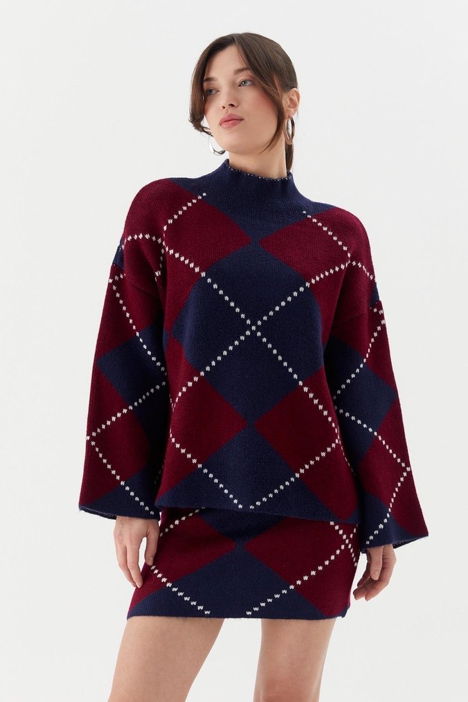 Bordo Lacivert Kareli Boğazlı Triko Tunik - Görsel 2