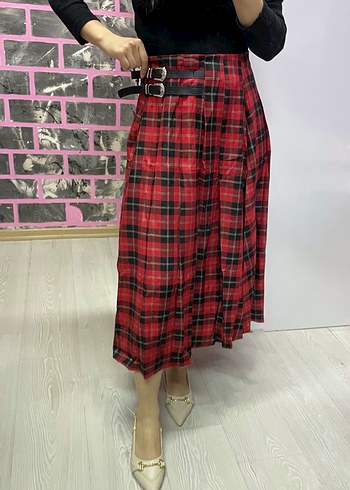 Kemerli Kırmızı Ekose Uzun Etek - Görsel 8