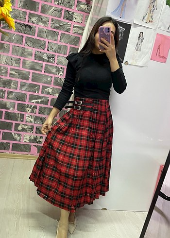 Kemerli Kırmızı Ekose Uzun Etek - Görsel 3