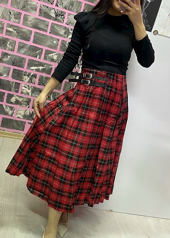Kemerli Kırmızı Ekose Uzun Etek - Görsel 4