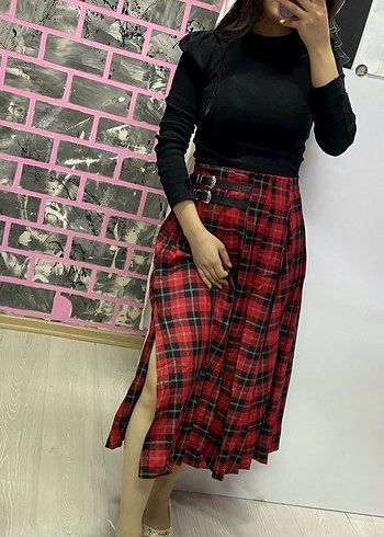 Kemerli Kırmızı Ekose Uzun Etek - Görsel 2