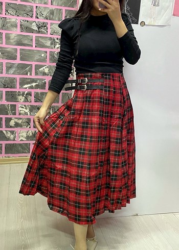 Kemerli Kırmızı Ekose Uzun Etek - Görsel 6