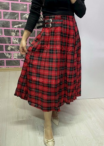 Kemerli Kırmızı Ekose Uzun Etek - Görsel 7