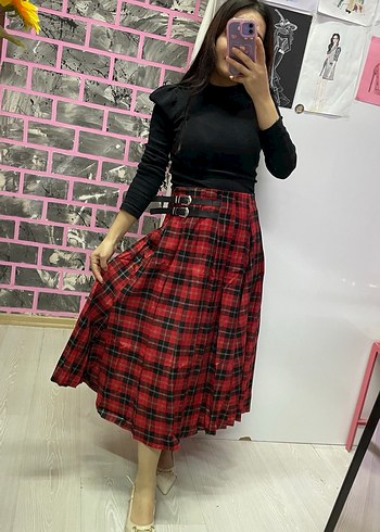 Kemerli Kırmızı Ekose Uzun Etek - Görsel 5
