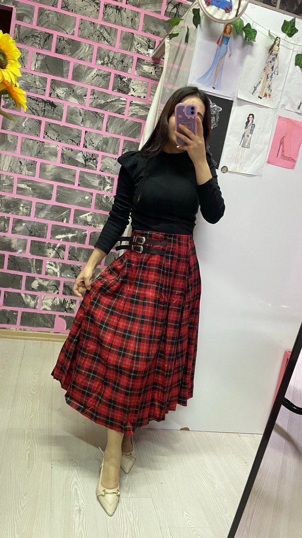 Kemerli Kırmızı Ekose Uzun Etek - Görsel 3