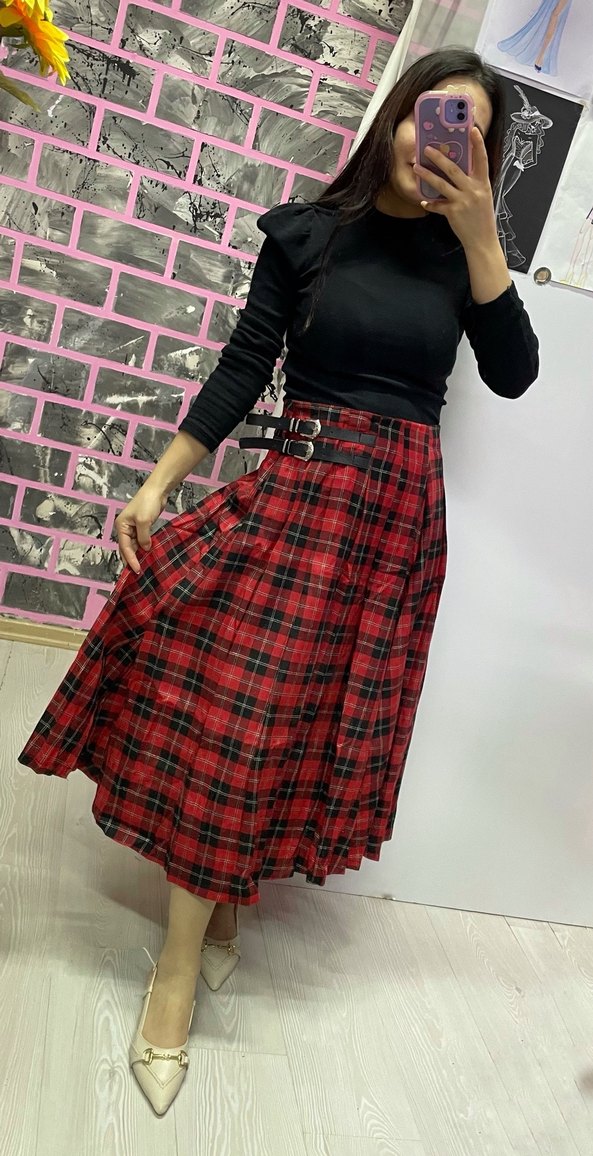 Kemerli Kırmızı Ekose Uzun Etek - Görsel 4