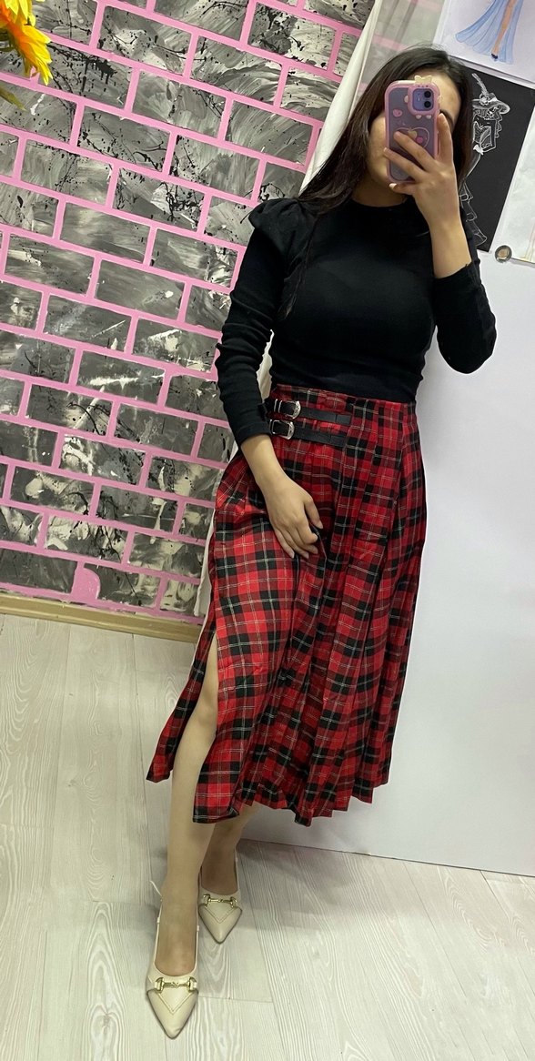Kemerli Kırmızı Ekose Uzun Etek - Görsel 2