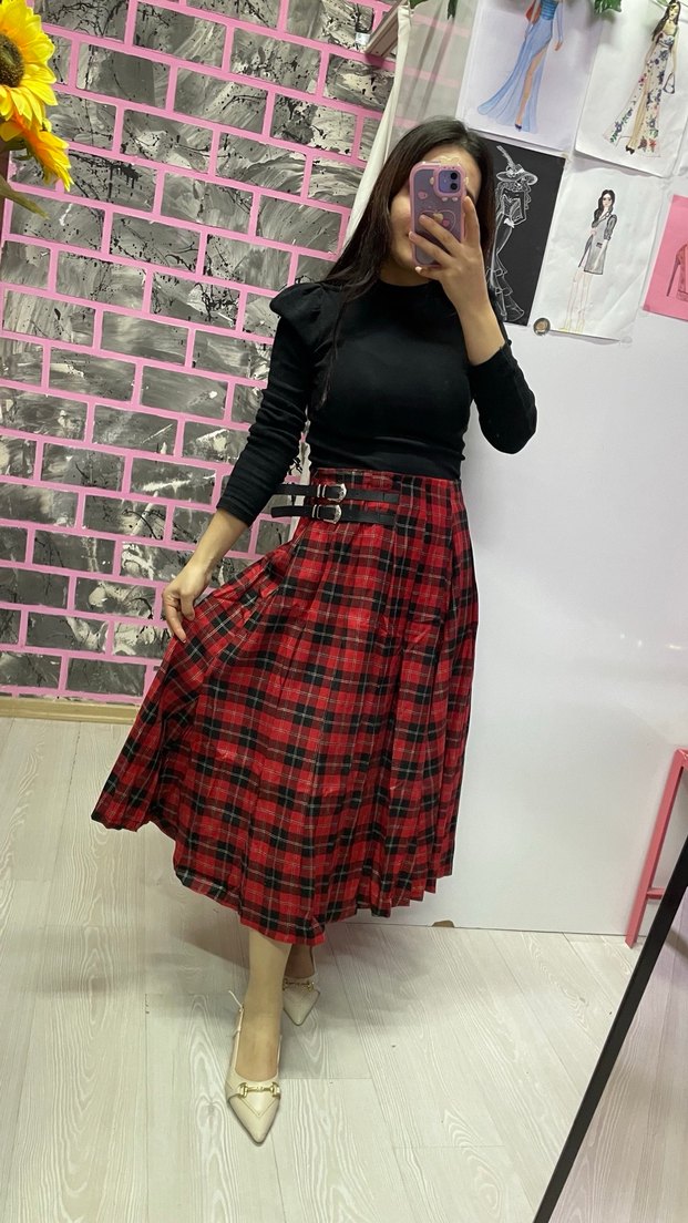 Kemerli Kırmızı Ekose Uzun Etek - Görsel 5